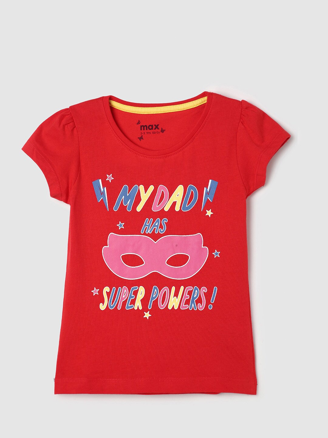 max Girls Typography Printed Pure Cotton T-shirt, Red
