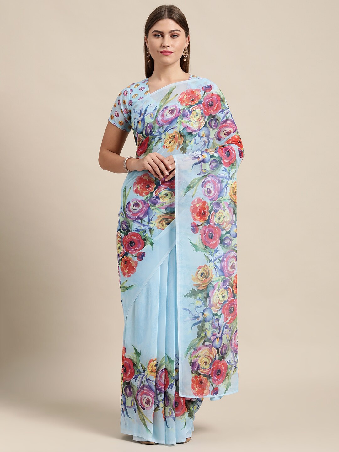 

HRITIKA Floral Printed Pure Georgette Saree, Blue