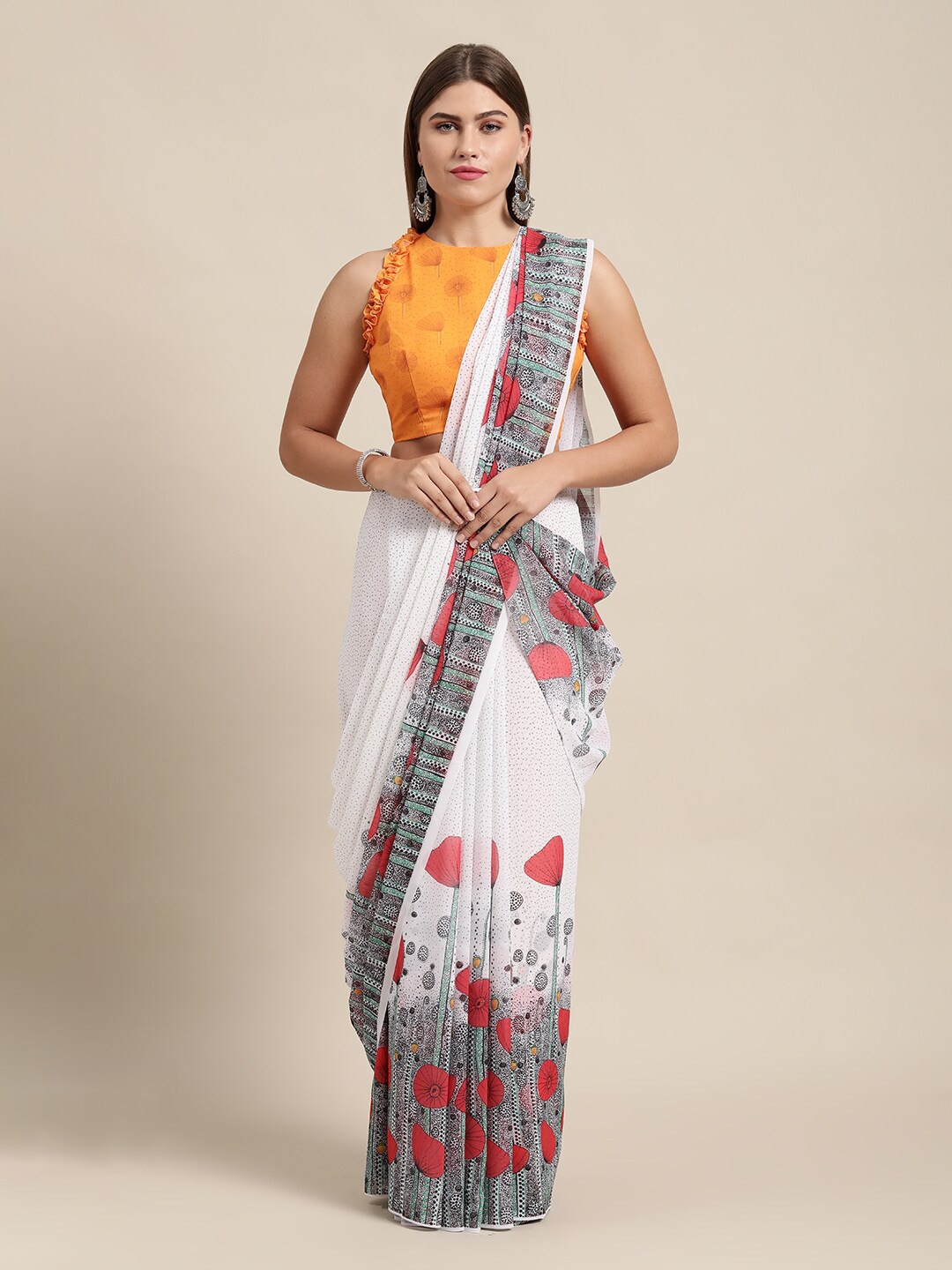 

HRITIKA Floral Printed Pure Georgette Saree, White