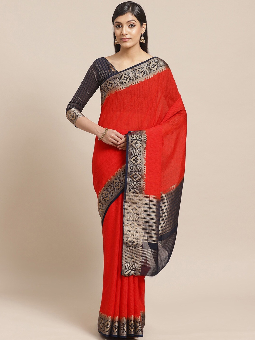 

HRITIKA Zari Silk Blend Kanjeevaram Saree, Red