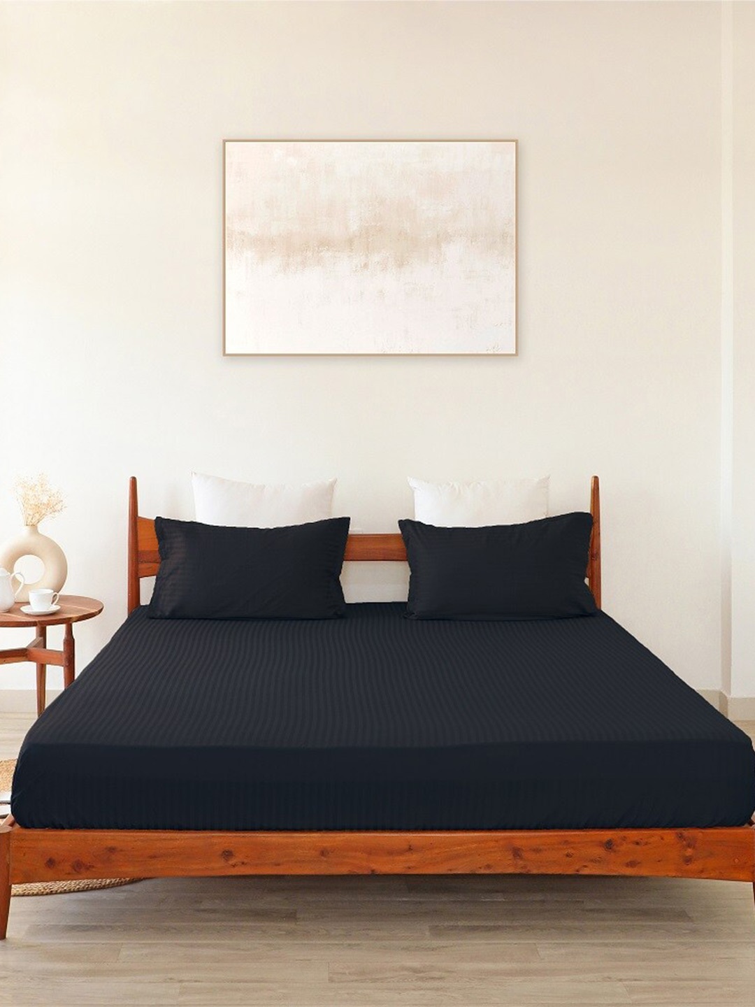 

HOMEMONDE Blue Striped Cotton 300 TC Fitted King Bedsheet with 2 Pillow Covers
