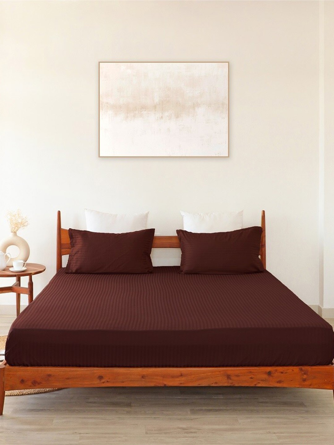 

HOMEMONDE Maroon Striped Cotton 300 TC Fitted King Bedsheet with 2 Pillow Covers