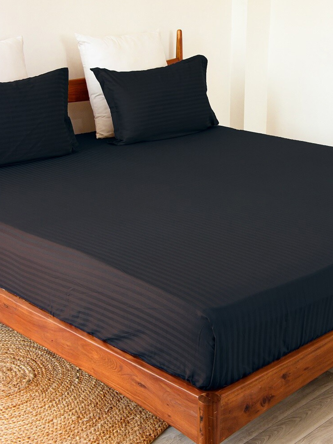 

HOMEMONDE Navy Blue Striped Pure Cotton 300 TC Fitted Queen Bedsheet with 2 Pillow Covers