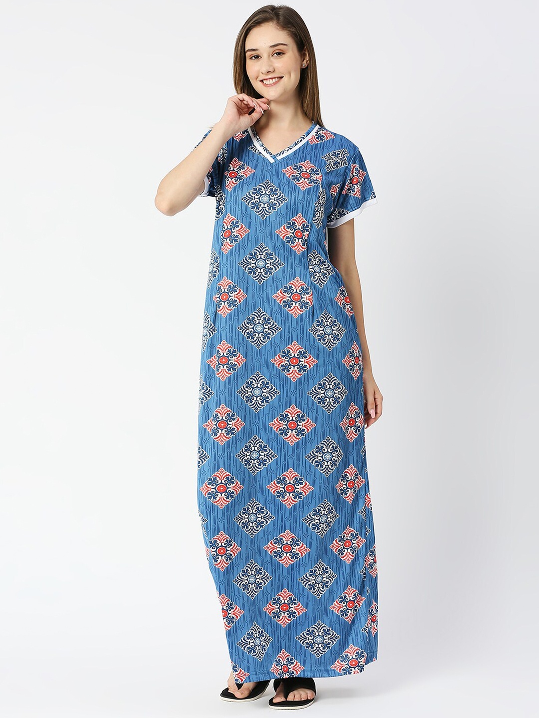 

Pretty Awesome Ethnic Printed Maternity Feeding Maxi Nightdress, Blue