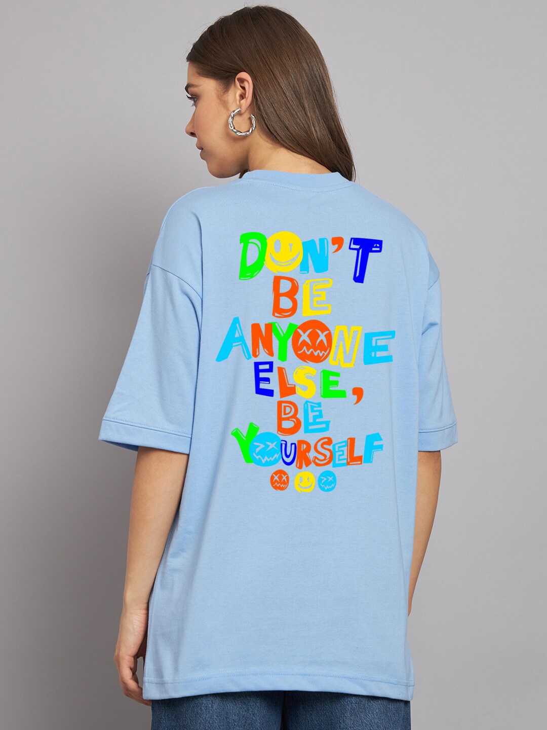 

Imsa Moda Typography Printed Oversized Longline Cotton T-shirt, Blue