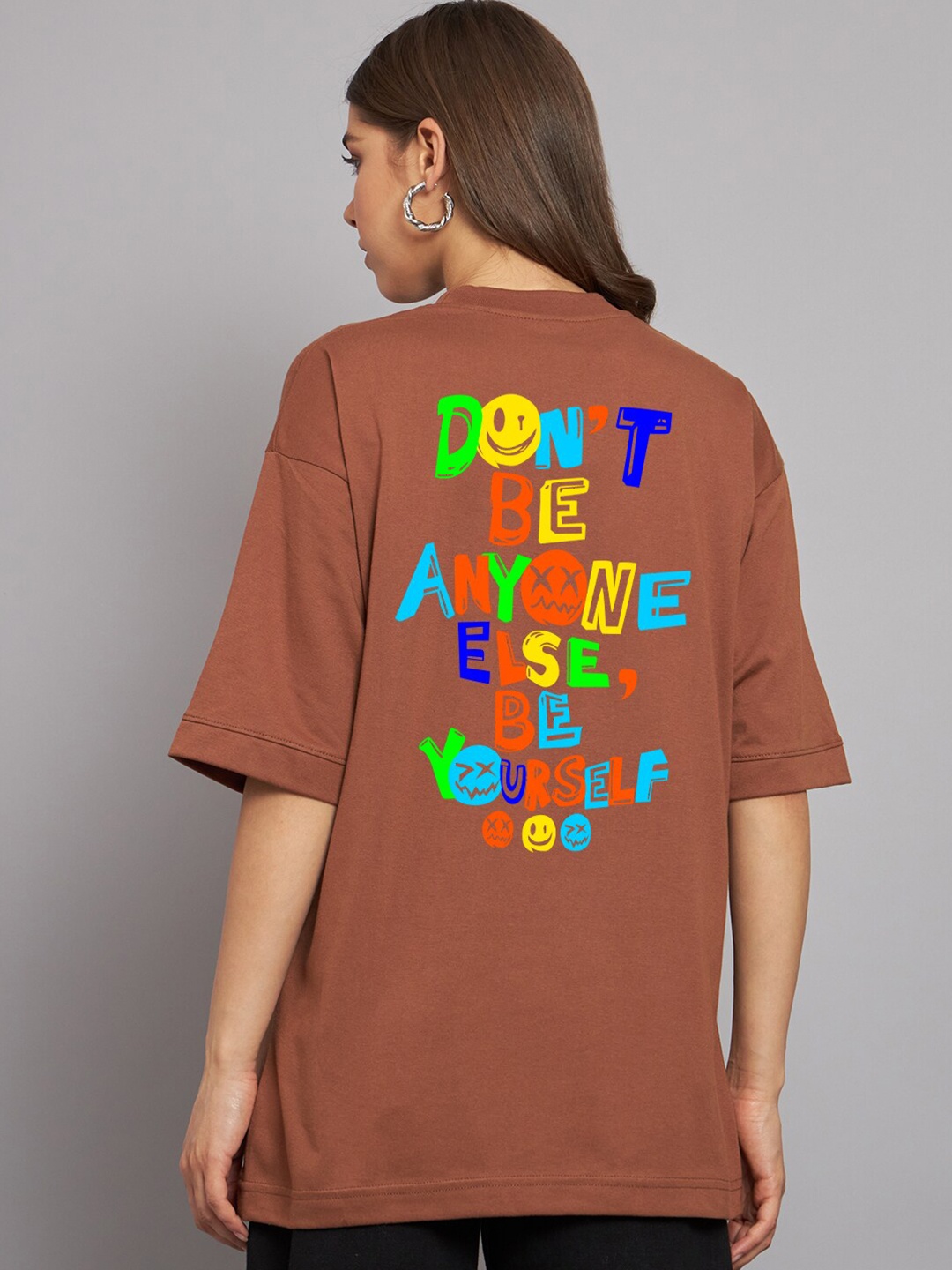 

Imsa Moda Typography Printed Oversized Longline Cotton T-shirt, Coffee brown