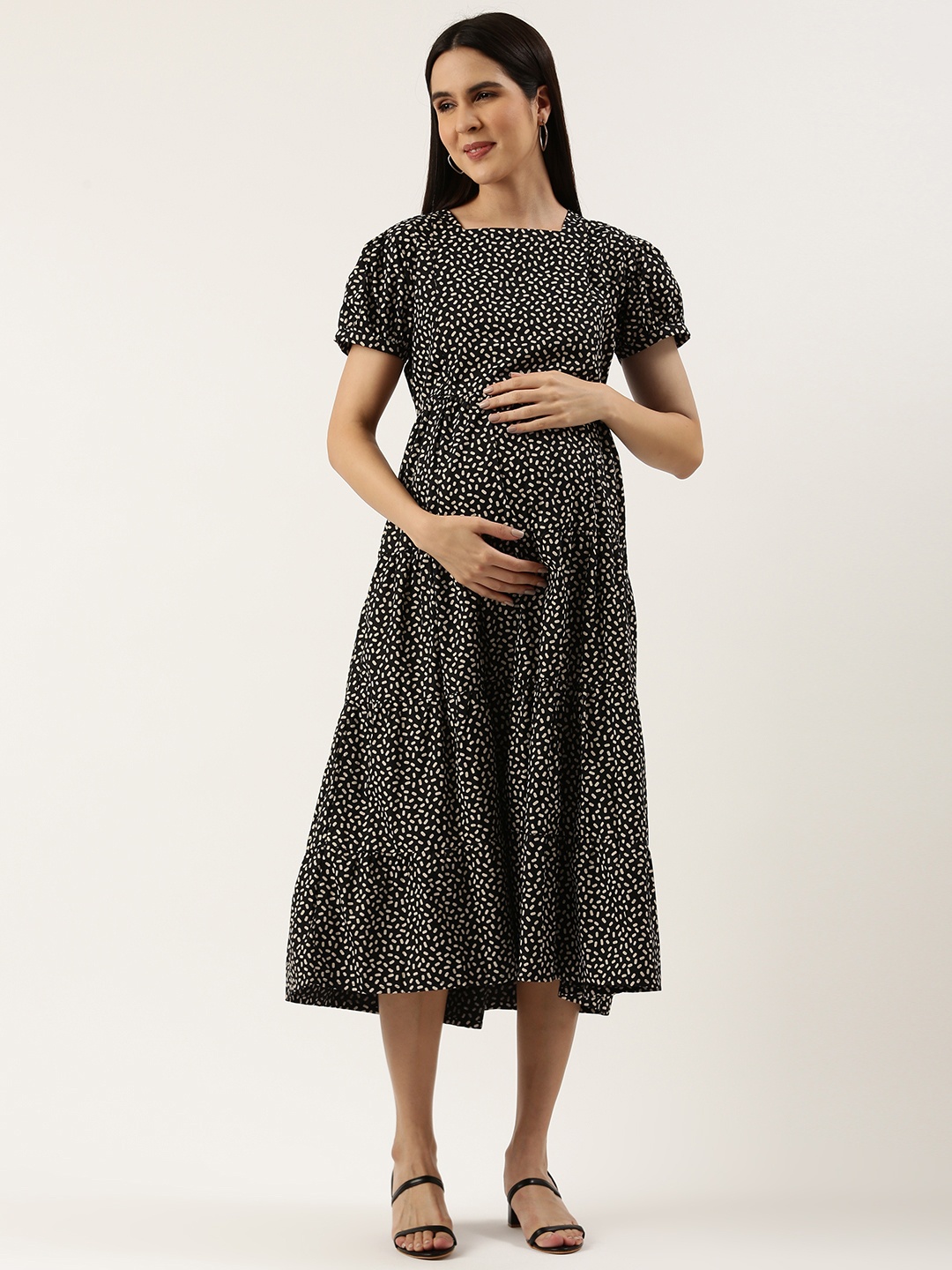 

Nejo Abstract Printed Puff Sleeve Maternity A-Line Midi Dress, Black