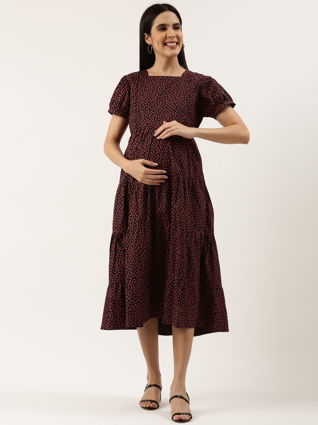

Nejo Abstract Printed Puff Sleeve Maternity A-Line Midi Dress, Red