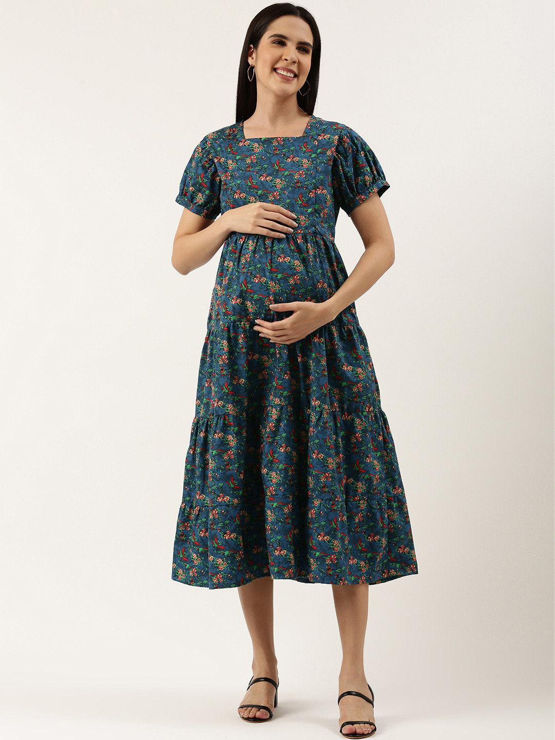 

Nejo Floral Printed Puff Sleeve Maternity A-Line Midi Dress, Green