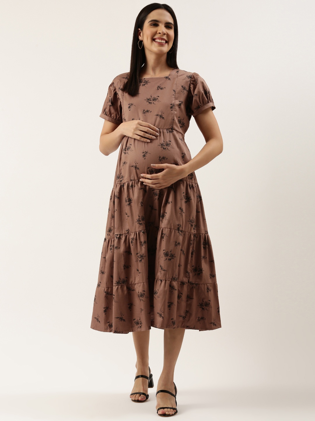 

Nejo Floral Printed Puff Sleeve Maternity A-Line Midi Dress, Brown