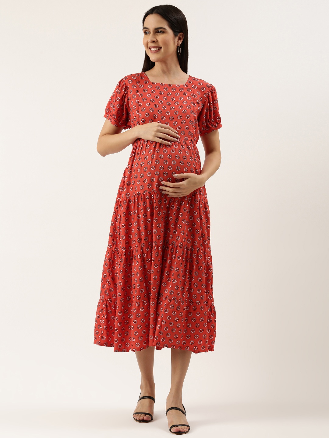

Nejo Floral Printed Puff Sleeve Maternity A-Line Midi Dress, Red