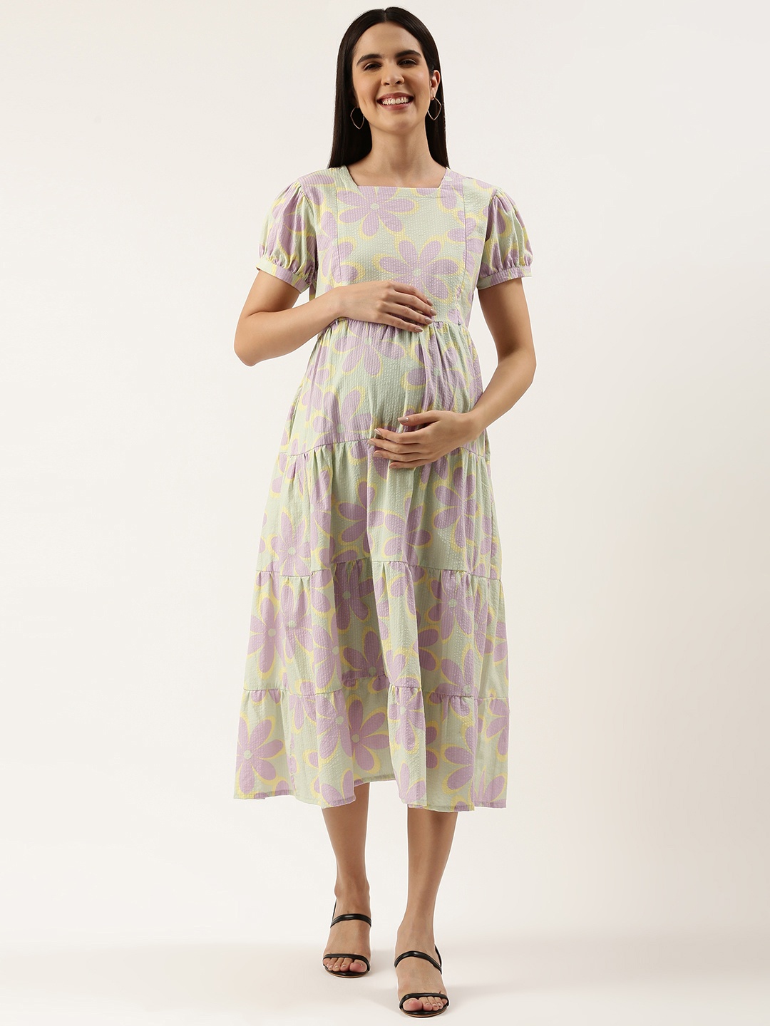 

Nejo Floral Printed Puff Sleeve Maternity A-Line Midi Dress, Lavender