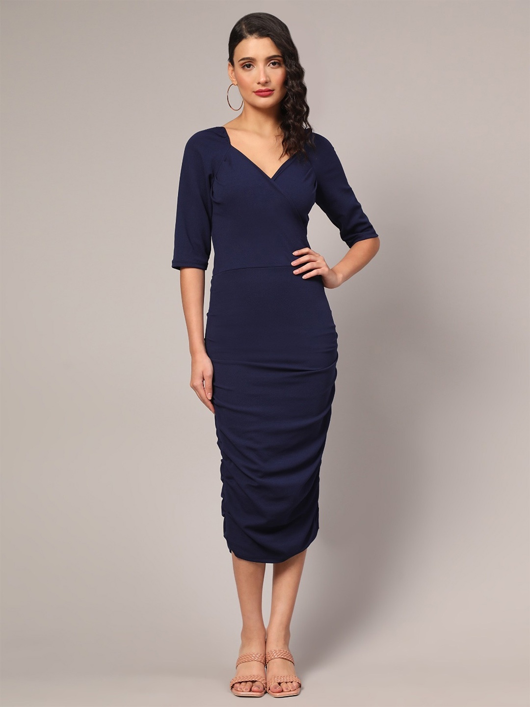 

UDBHAV TEXTILE Sweetheart Neck Ruched Cotton Lycra Sheath Midi Dress, Navy blue
