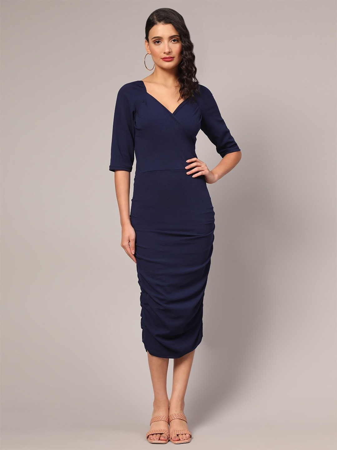 

UDBHAV TEXTILE Raglan Sleeves V-Neck Gathered Cotton Bodycon Midi Dress, Navy blue