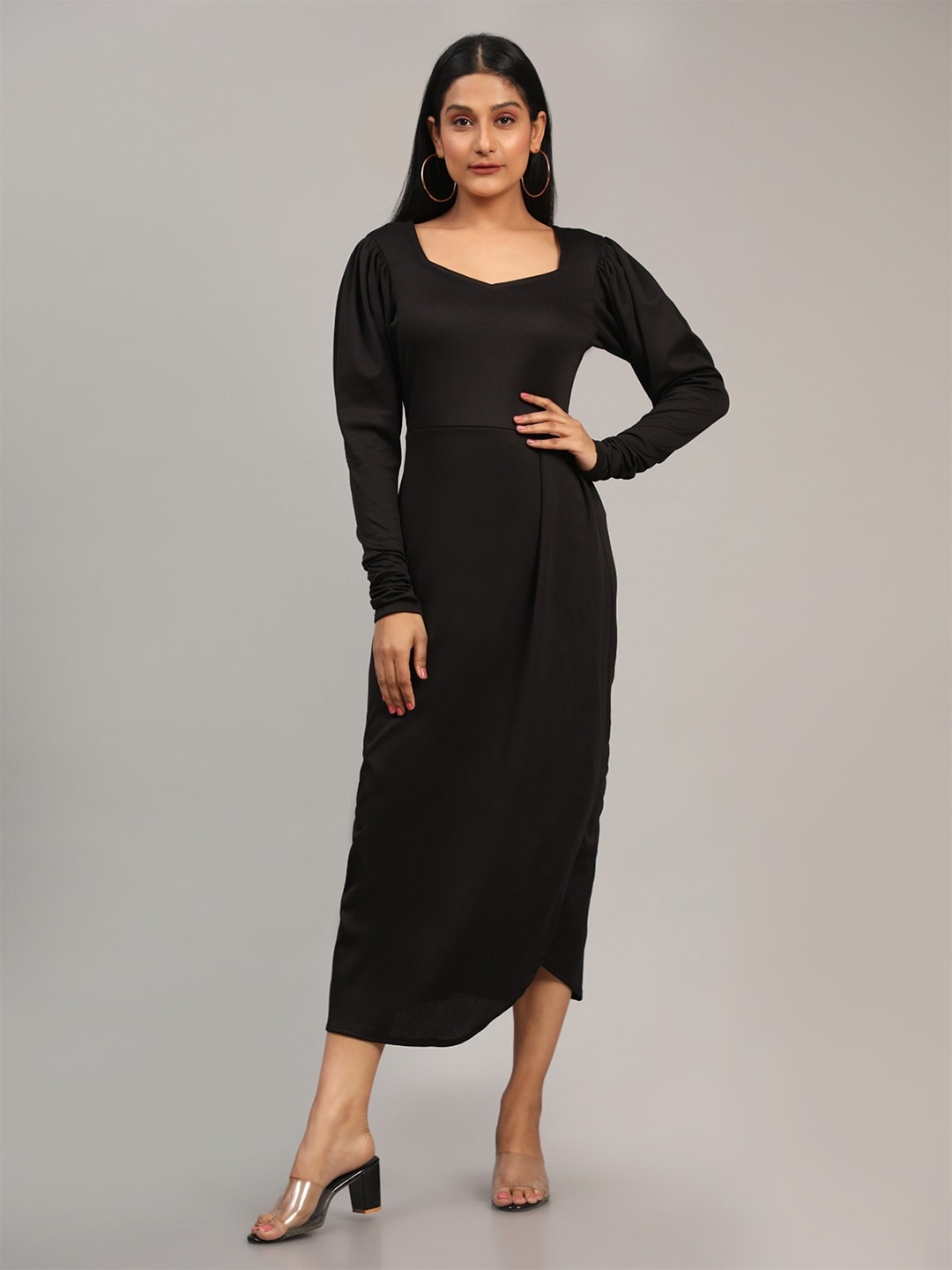 

UDBHAV TEXTILE Puff Sleeves Gathered Cotton Sheath Midi Dress, Black