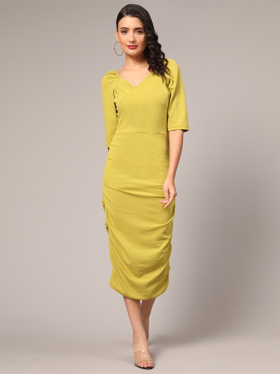 

UDBHAV TEXTILE V-Neck Puff Sleeves Ruched Cotton Midi Sheath Dress, Yellow