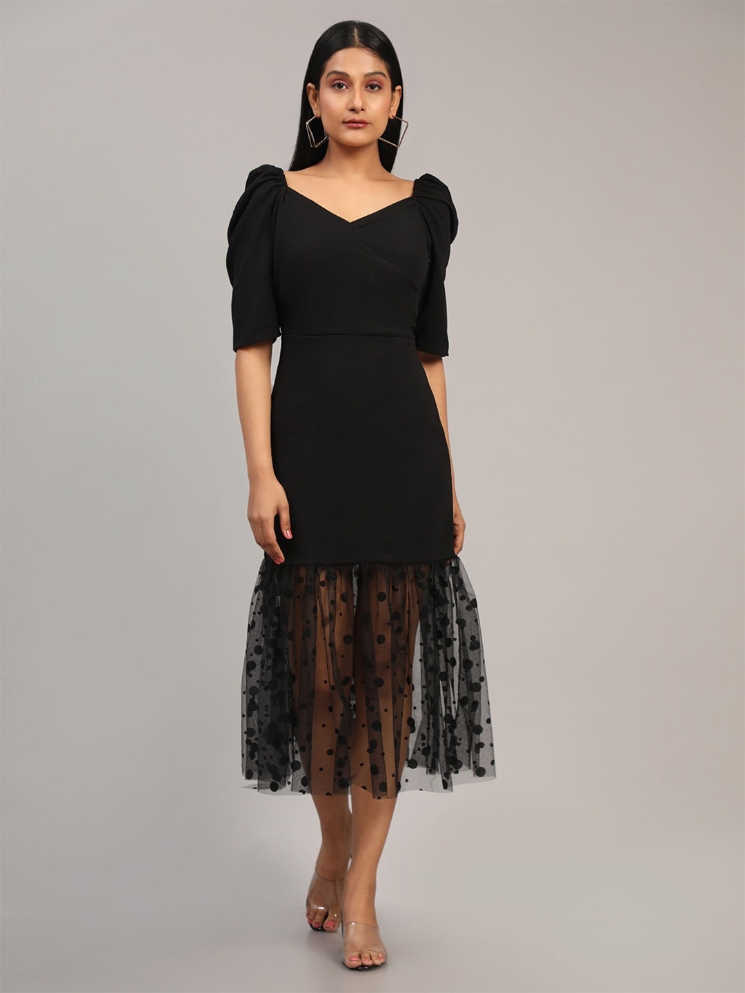 

UDBHAV TEXTILE V-Neck Puff Sleeves Semi-Sheer Lace Inserts Cotton Midi Sheath Dress, Black