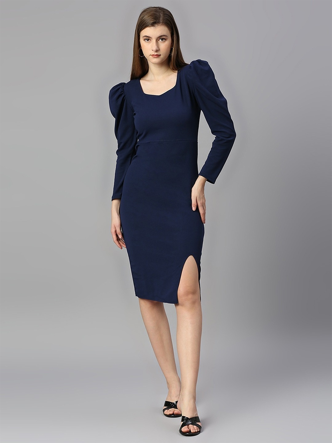 

UDBHAV TEXTILE Square Neck Puff Sleeve Cotton Sheath Dress, Navy blue