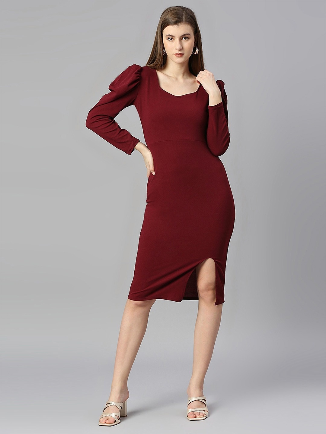 

UDBHAV TEXTILE Sweetheart Neck Puff Sleeves Cotton Sheath Dress, Maroon