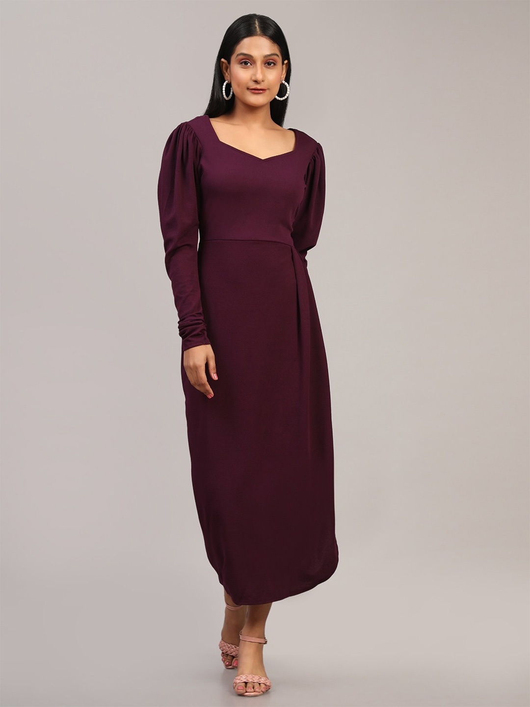 

UDBHAV TEXTILE Sweetheart Neck Long Puff Sleeves Sheath Midi Dress, Purple