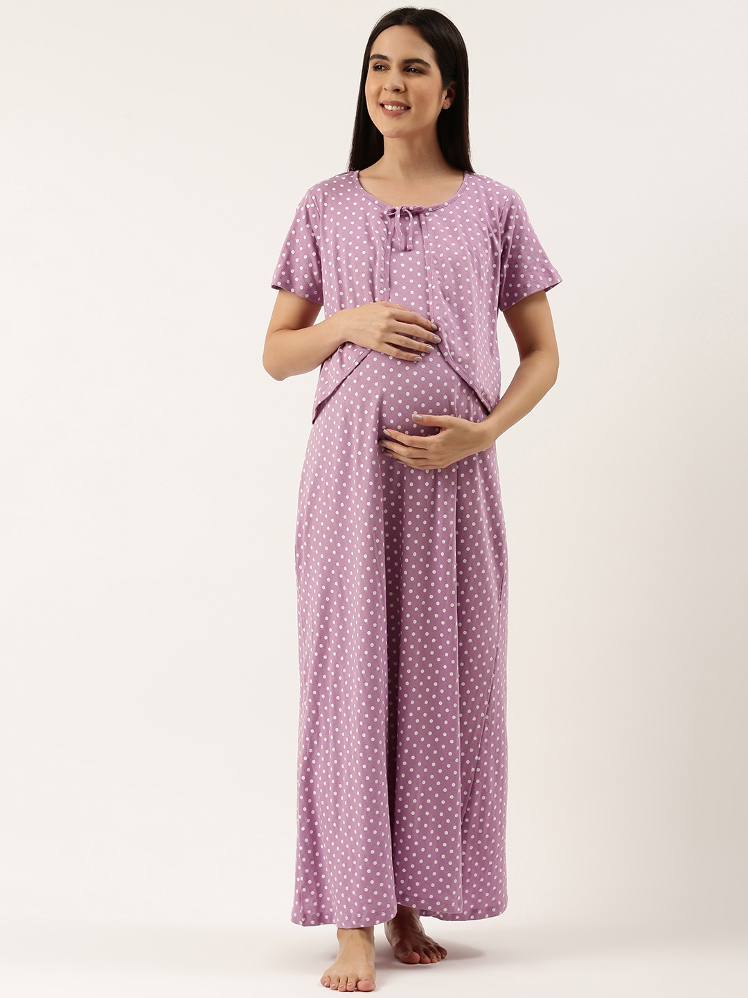 

Nejo Polka Dots Printed Maternity Maxi Nightdress, Lavender