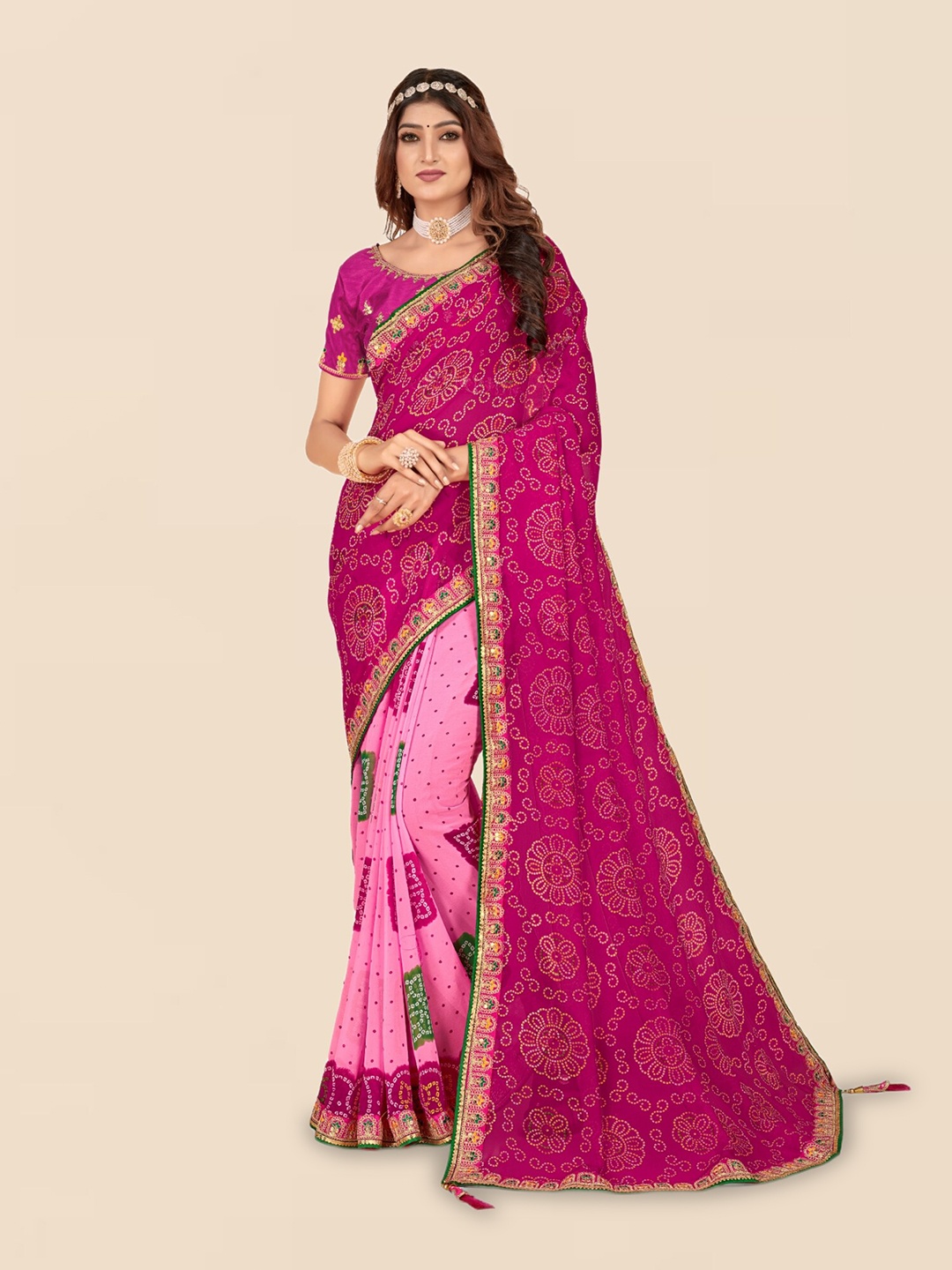 

Mitera Pink Printed Poly Georgette Half and Half Bandhani Saree