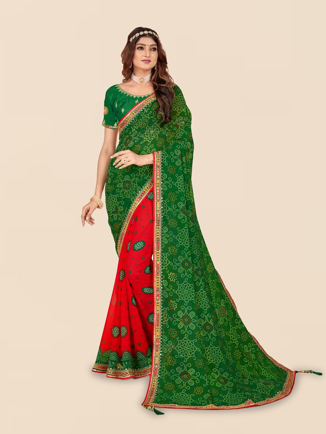 

Mitera Green Bandhani Printed Embroidered Border Half and Half Saree