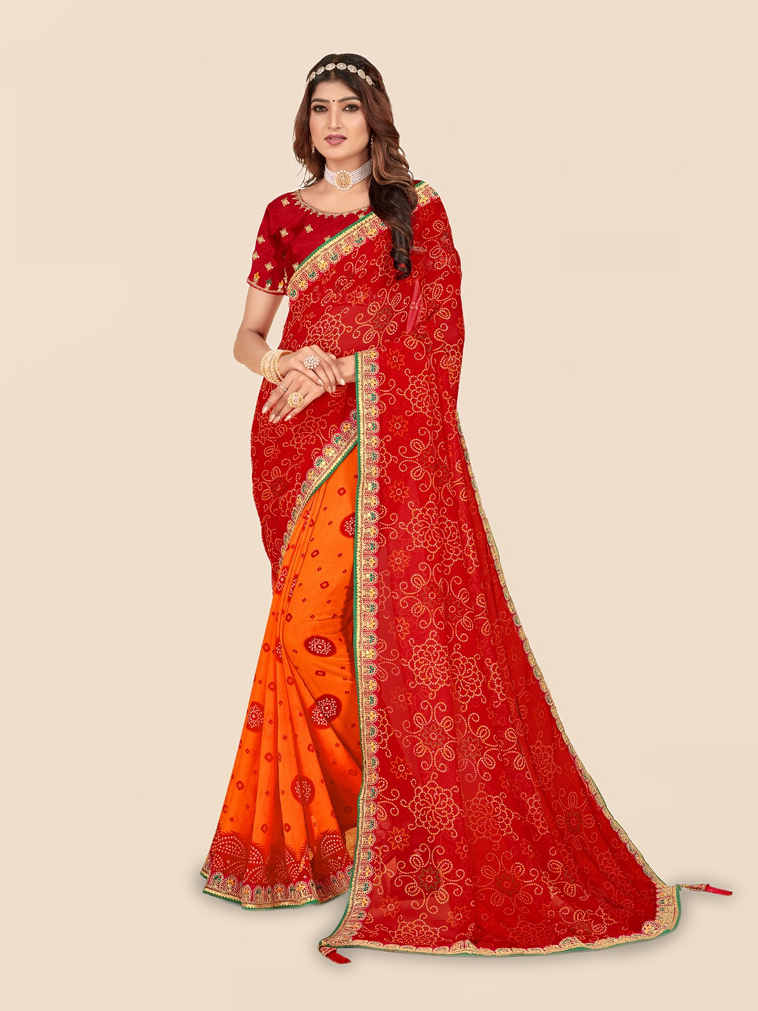 

Mitera Orange & Red Printed Poly Georgette Bandhani Saree