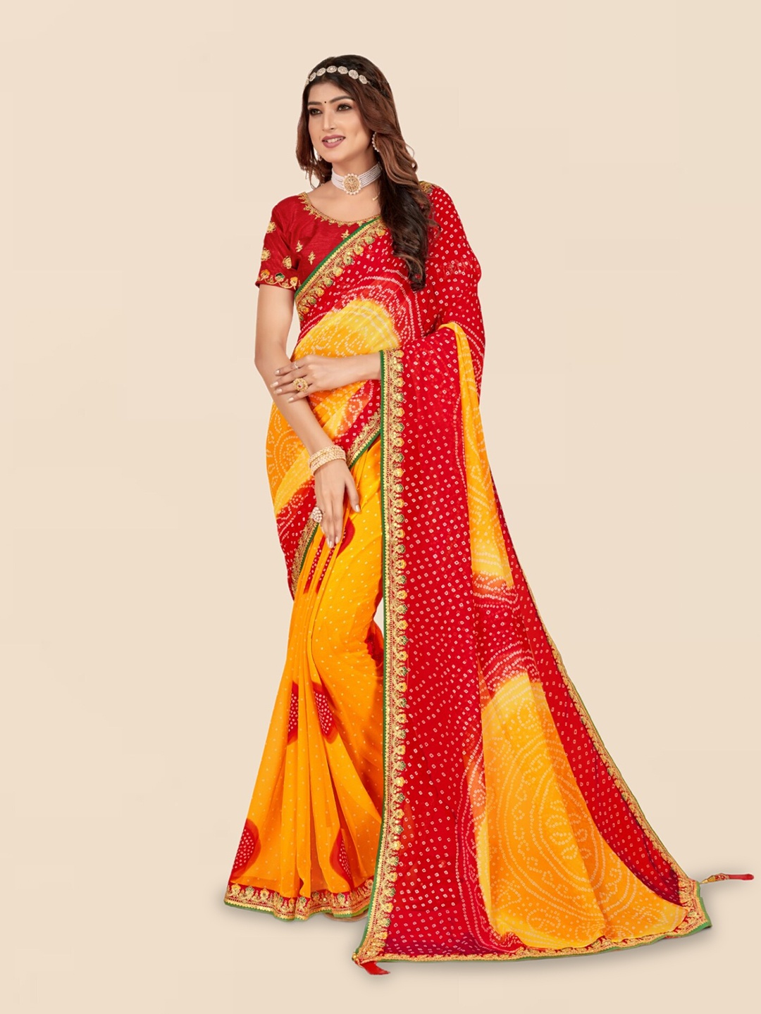 

Mitera Yellow & Red Bandhani Printed Poly Georgette Bandhani Saree
