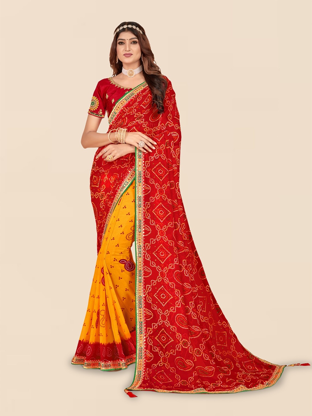 

Mitera Yellow & Red Bandhani Printed Half and Half Bandhani Saree
