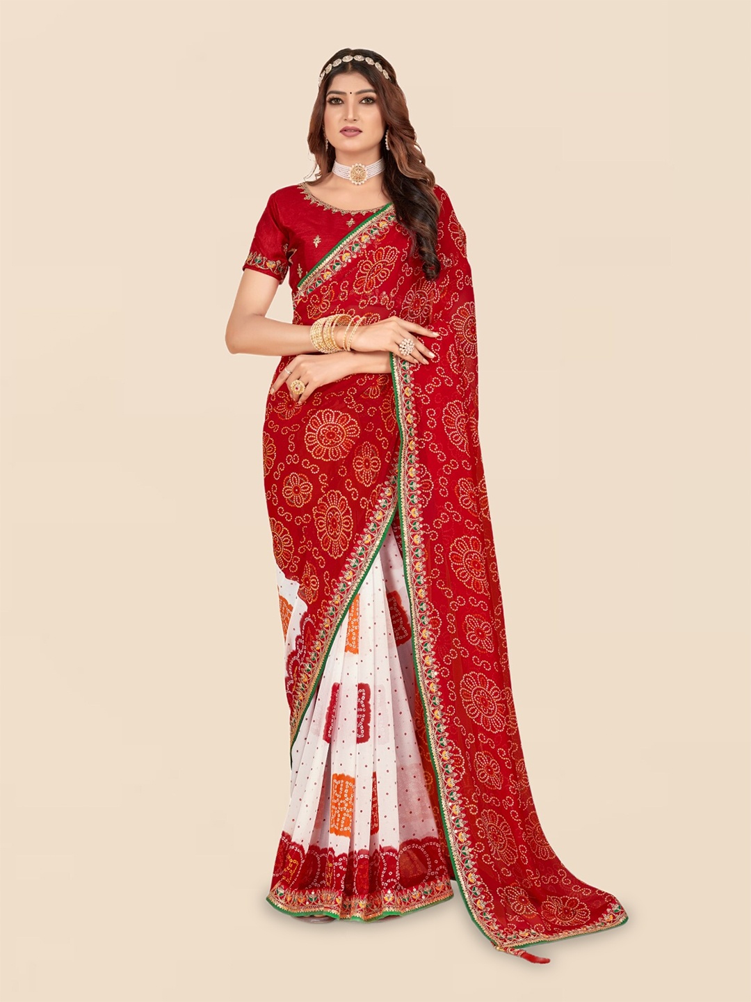 

Mitera White Printed Poly Georgette Bandhani Saree