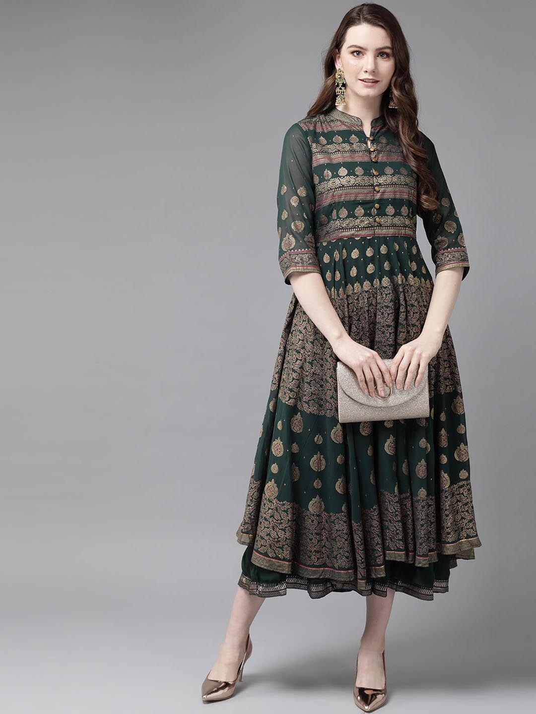 

Juniper Ethnic Motifs Printed Fit & Flare Layered Ethnic Dress, Green