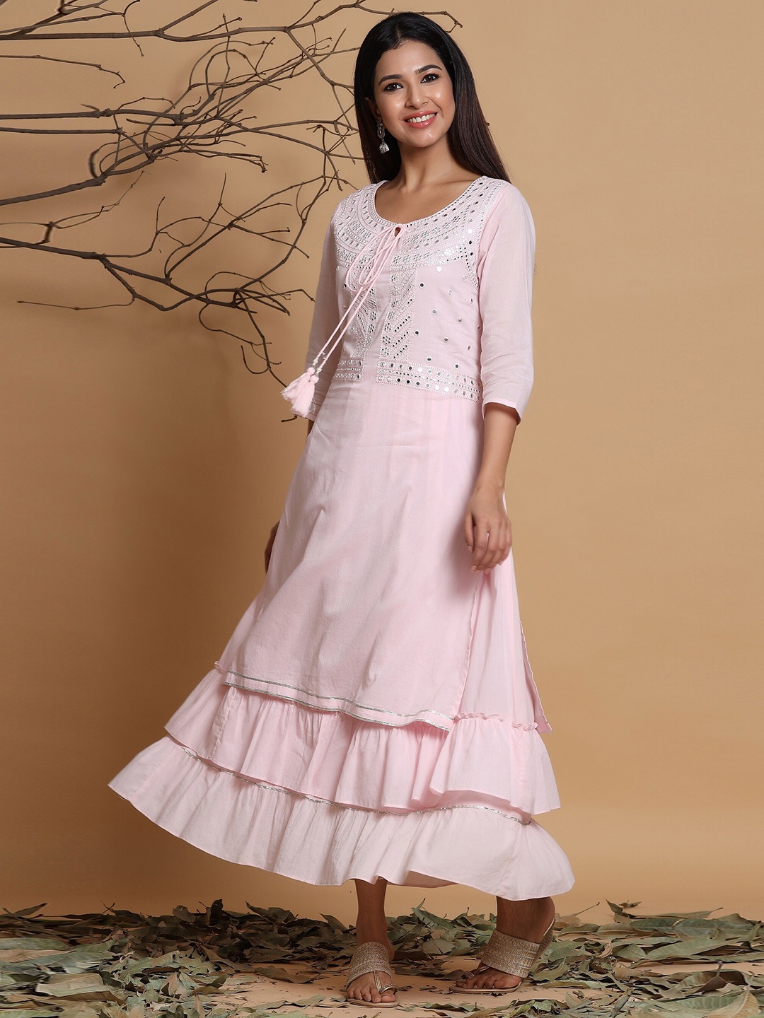 

Juniper Embroidered Tie-Up Neck Layered Cotton Ethnic Dresses, Pink