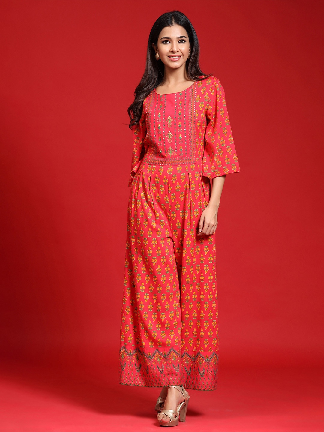 

Juniper Printed Round Neck Basic Jumpsuit, Coral