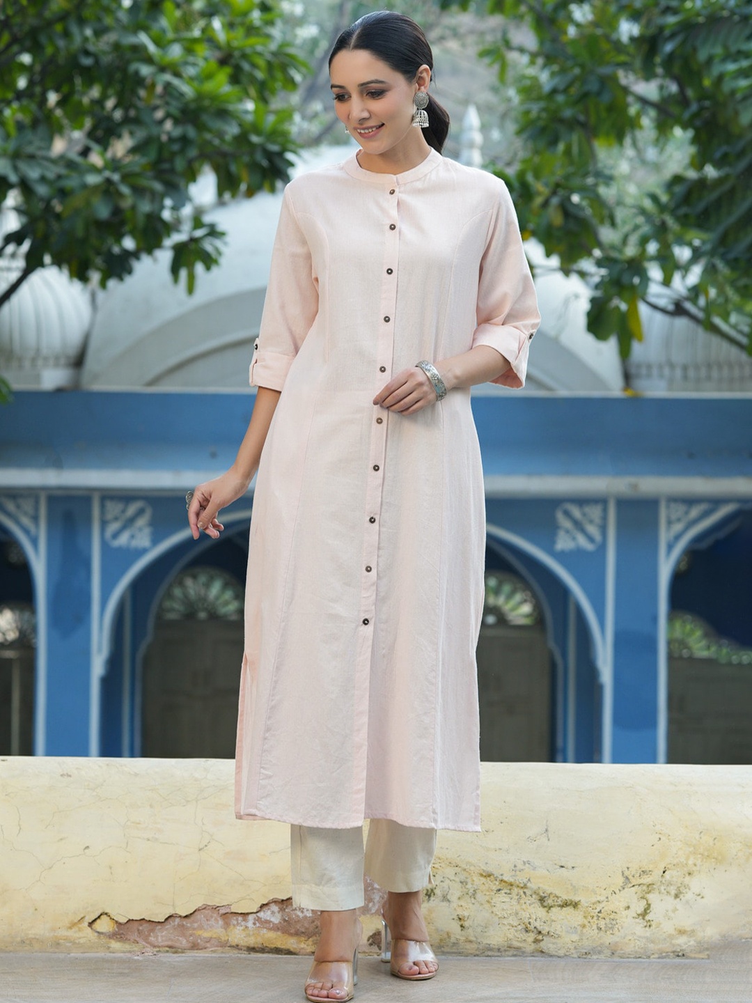 

Juniper Band Collar Roll-Up Sleeves Cotton Kurta, Peach