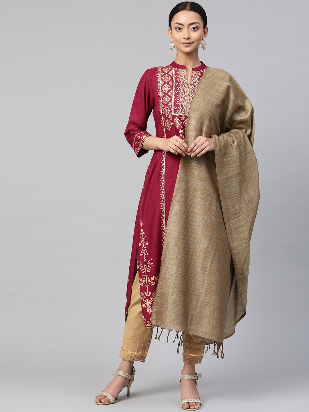 

Juniper Ethnic Motifs Printed Gotta Patti Kurta with Trousers & Dupatta, Maroon