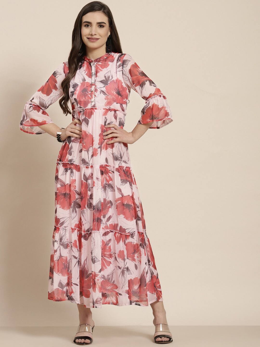 

Juniper Floral Printed Beaded Bell Sleeves Fit & Flared Tiered Ethnic Dress, Pink