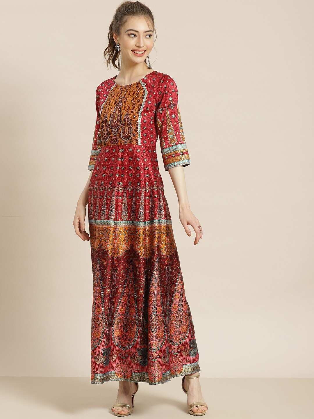 

Juniper Ethnic Motifs Printed Fit & Flare Ethnic Dress, Maroon