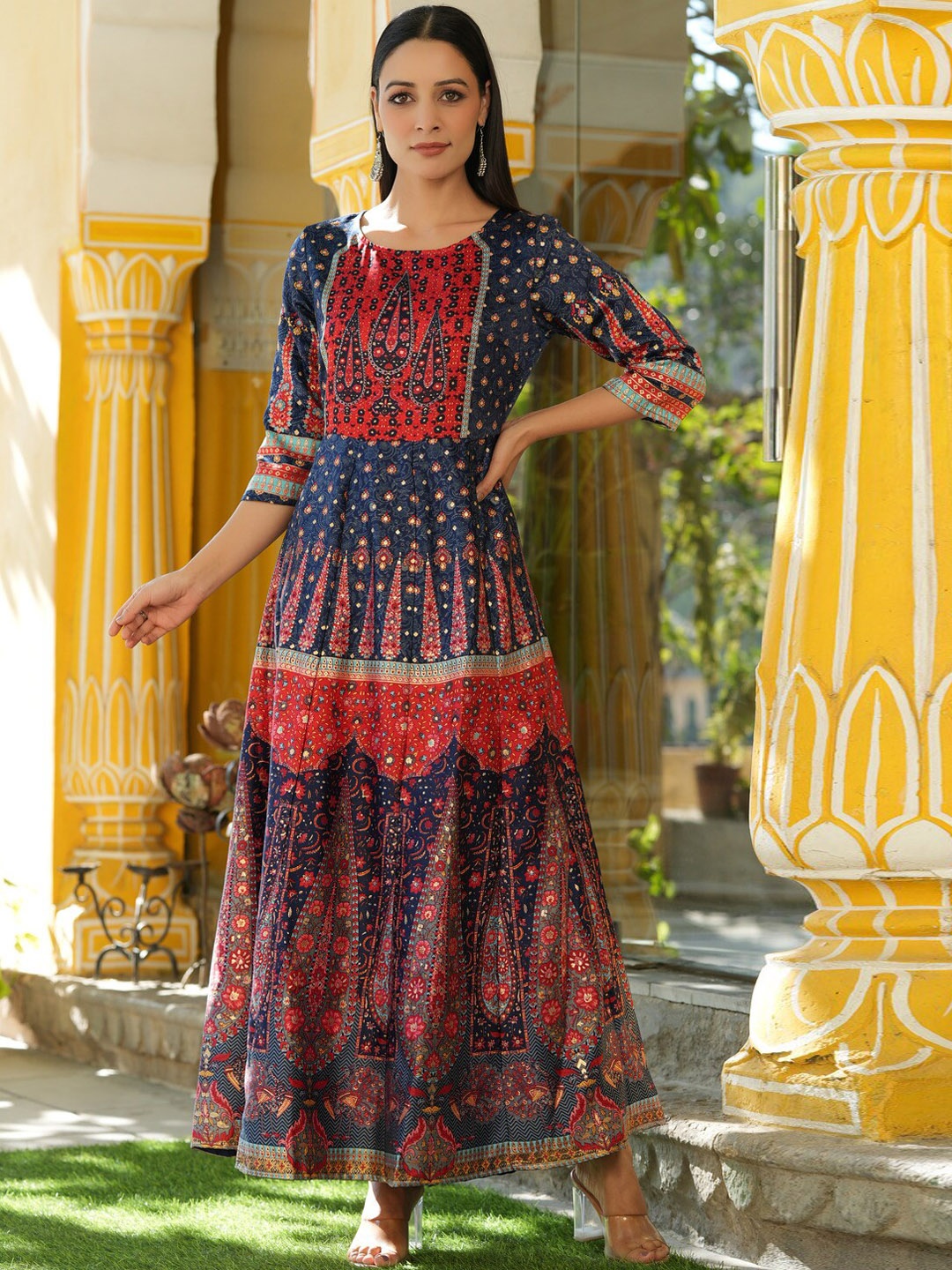

Juniper Printed Satin Silk Anarkali Ethnic Dress, Navy blue