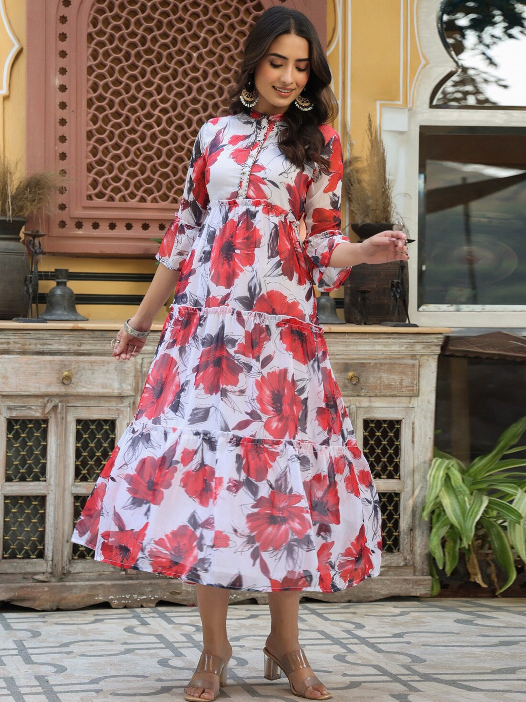 

Juniper Floral Printed Bell Sleeves Tiered Midi Ethnic Dresses, White
