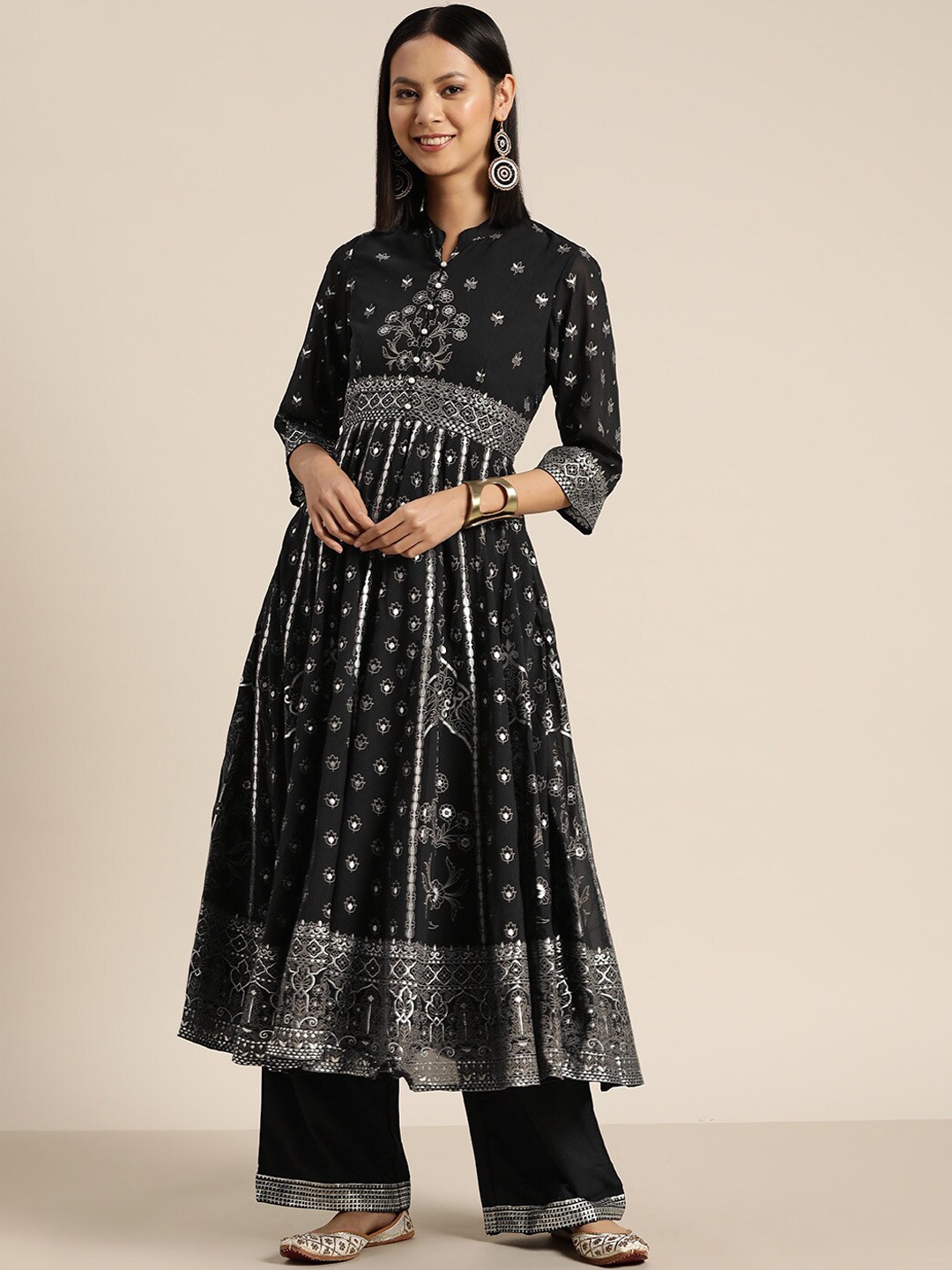 

Juniper Ethnic Motifs Printed Regular Kurta with Palazzos, Black