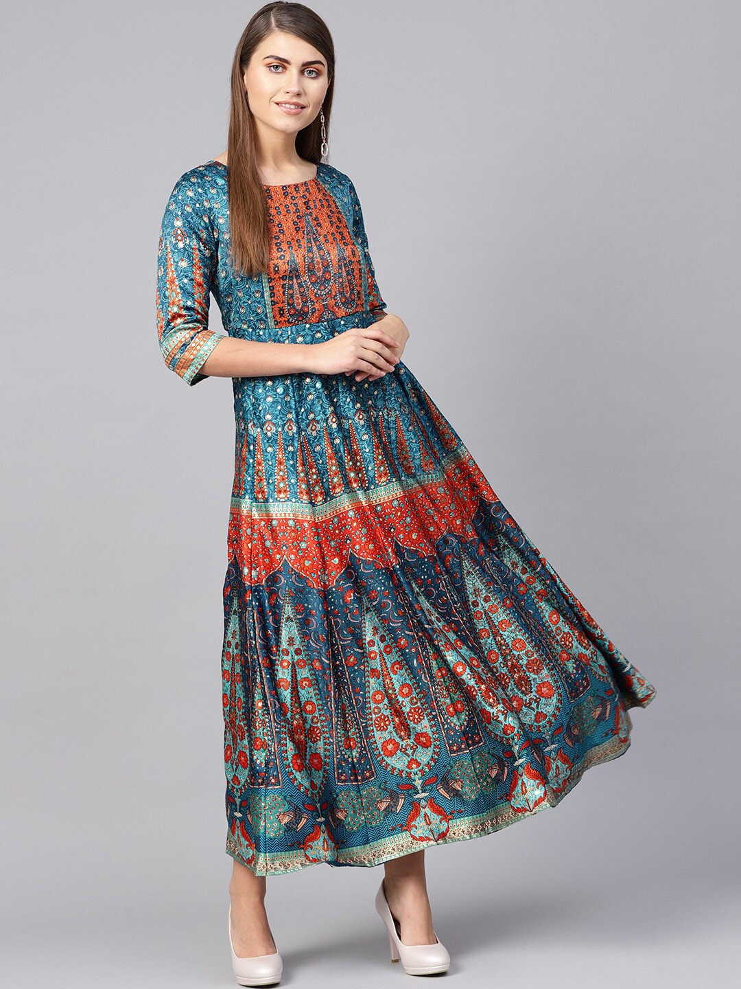

Juniper Printed Satin Silk Anarkali Ethnic Dress, Teal