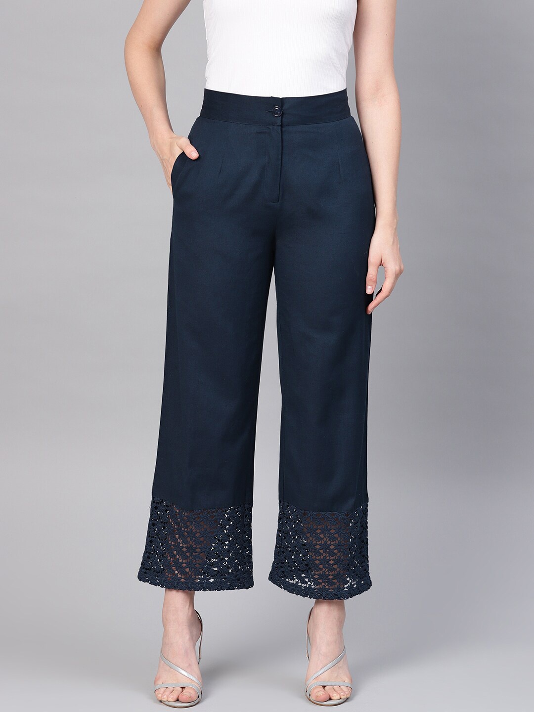 

Juniper Women Navy Blue Hem Design Cotton Palazzo