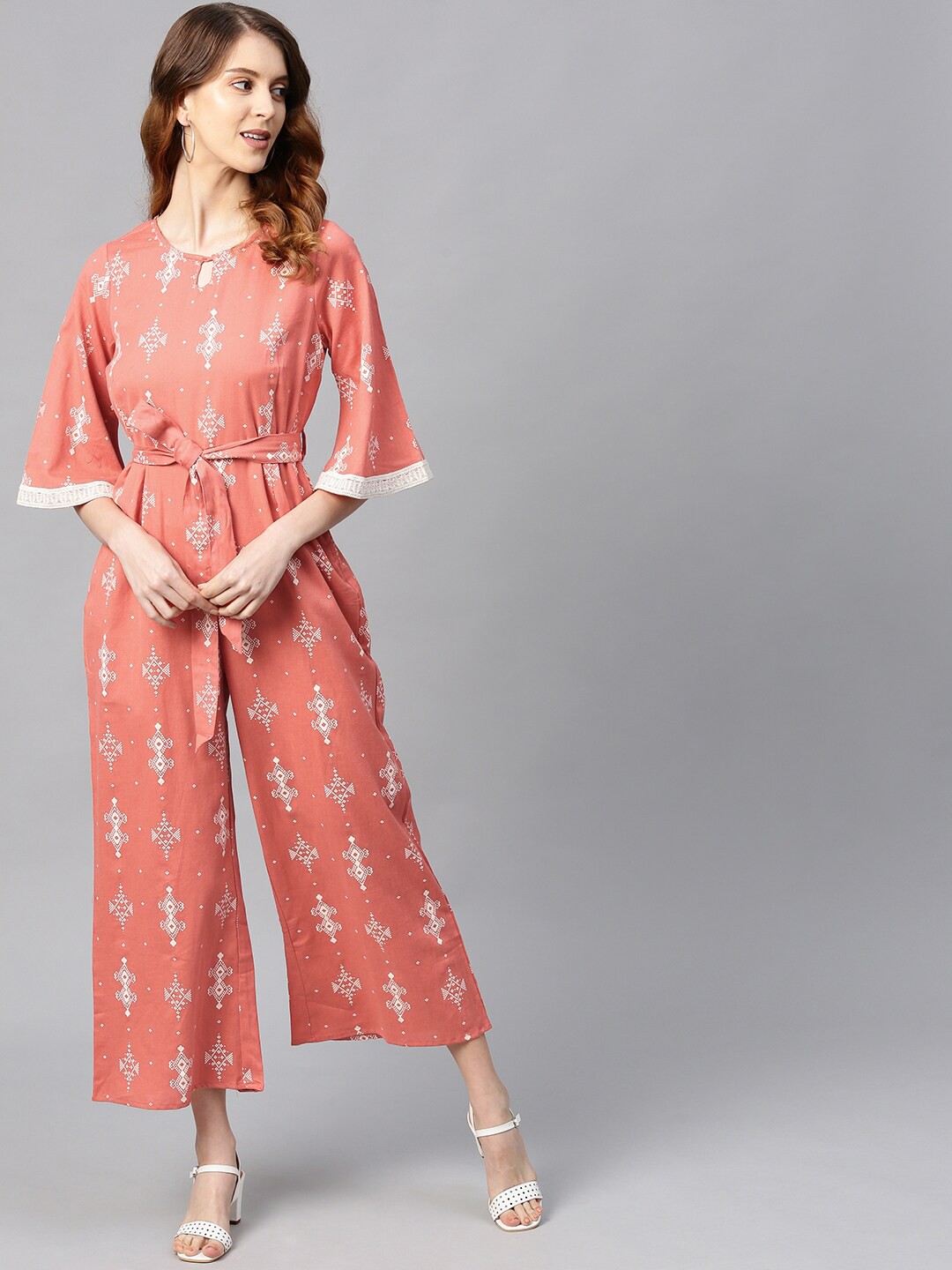 

Juniper Printed Cotton Basic Jumpsuit, Peach