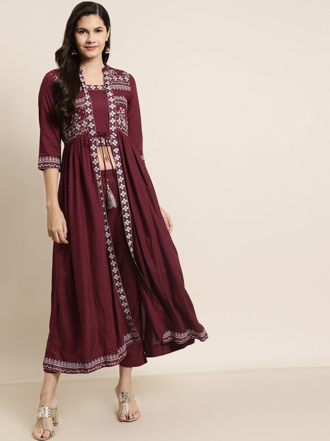 

Juniper Maroon Ethnic Motifs Printed Jacket Style Kurta With Trousers