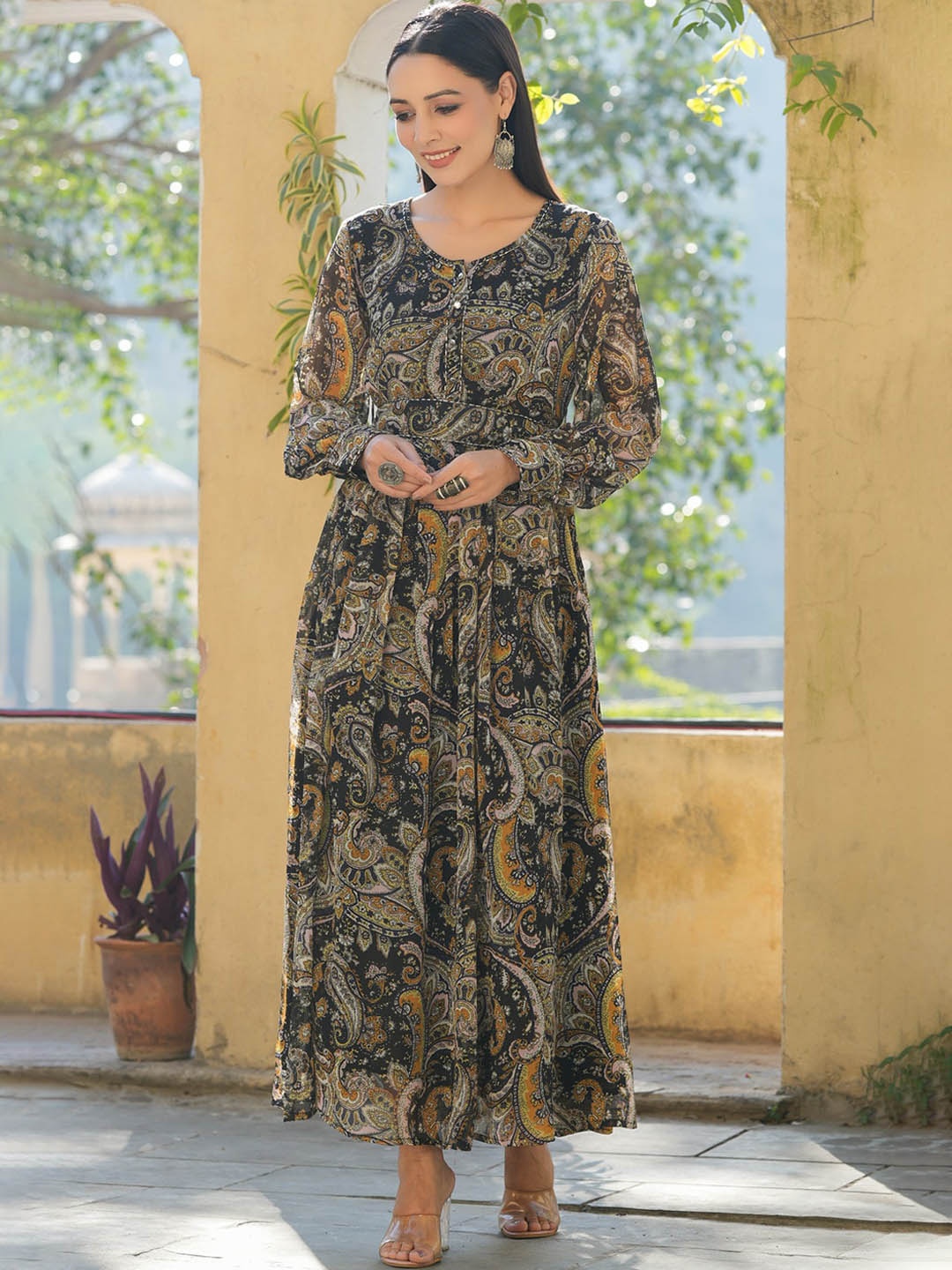 

Juniper Ethnic Motifs Printed Cuffed Sleeves Belted Fit & Flare Maxi Ethnic Dress, Black