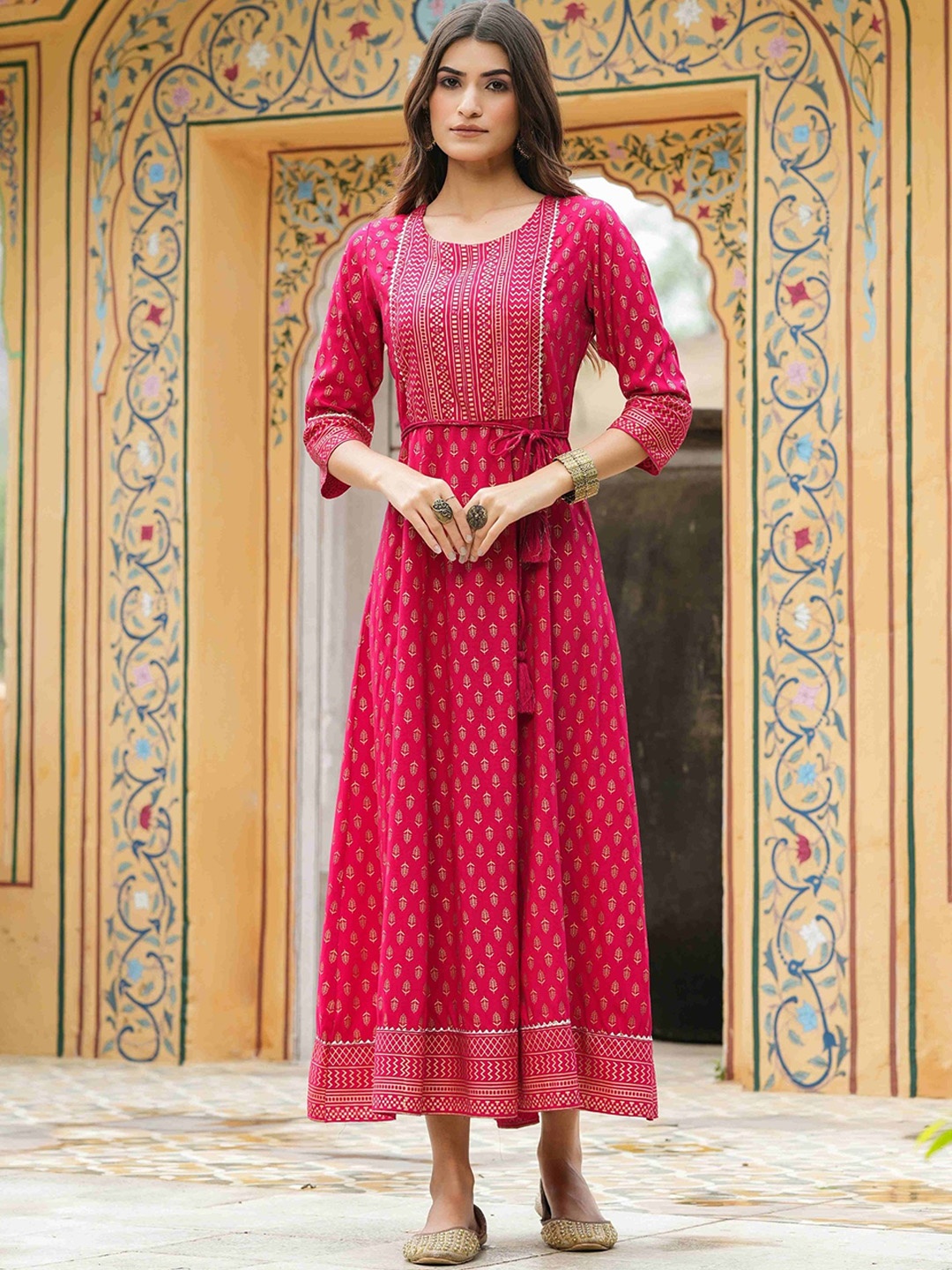 

Juniper Ethnic Motifs Foil Printed Belted Detail Fit & Flare Ethnic Dress, Fuchsia