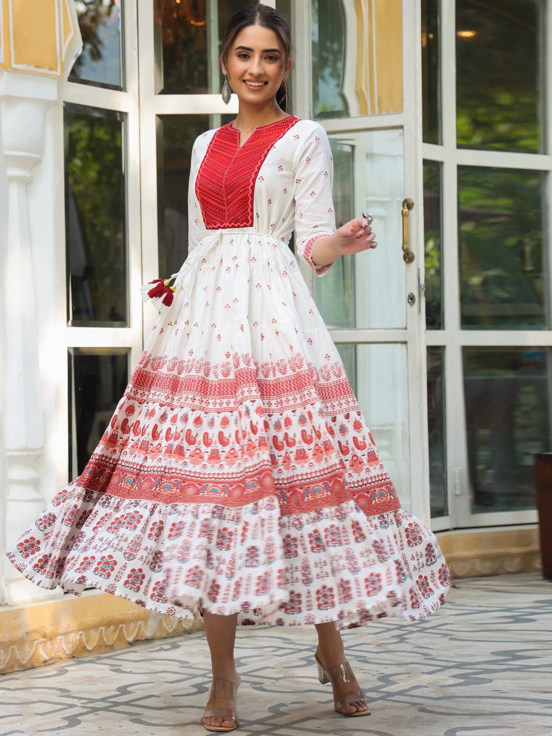 

Juniper Ethnic Motifs Printed Thread Work Tiered Maxi Fit & Flare Ethnic Dress, White