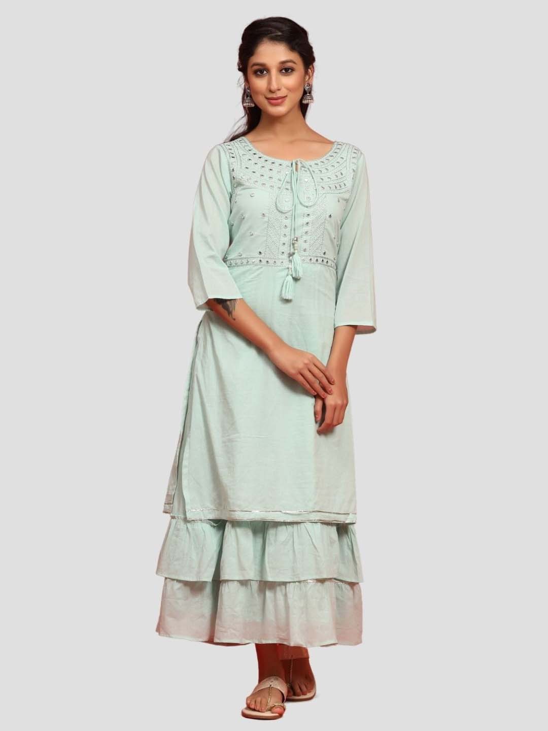 

Juniper Embroidered Cotton Tie-Up Neck Layered Maxi Ethnic Dress, Green