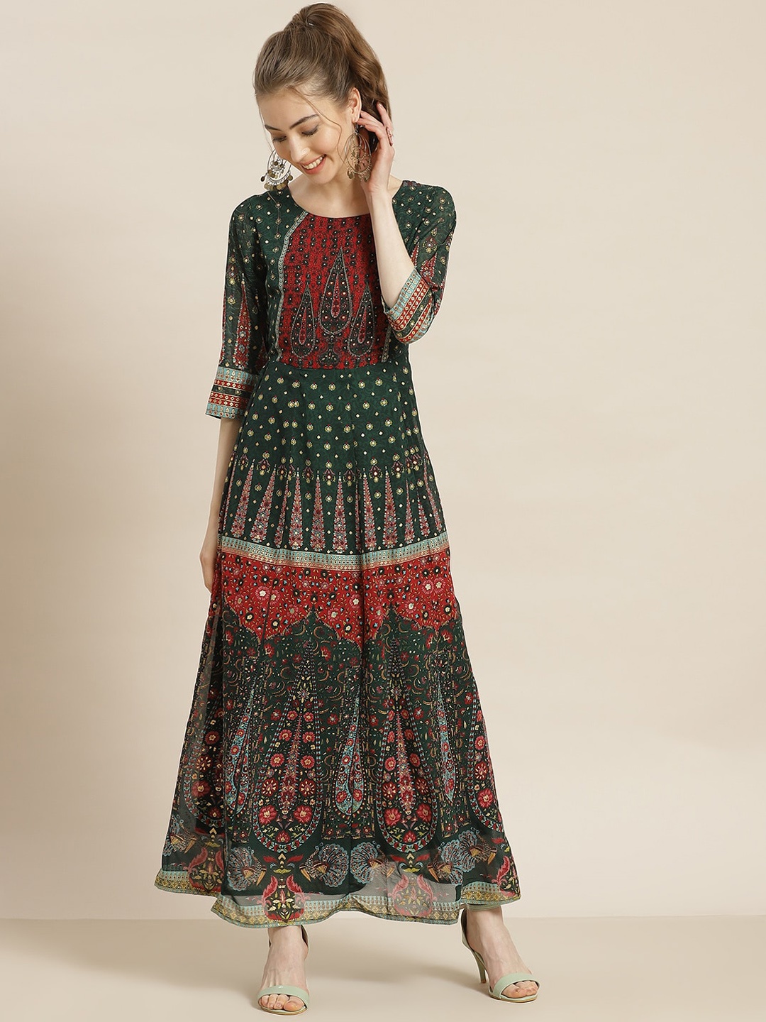 

Juniper Ethnic Motifs Printed Fit & Flare Georgette Ethnic Dress, Green